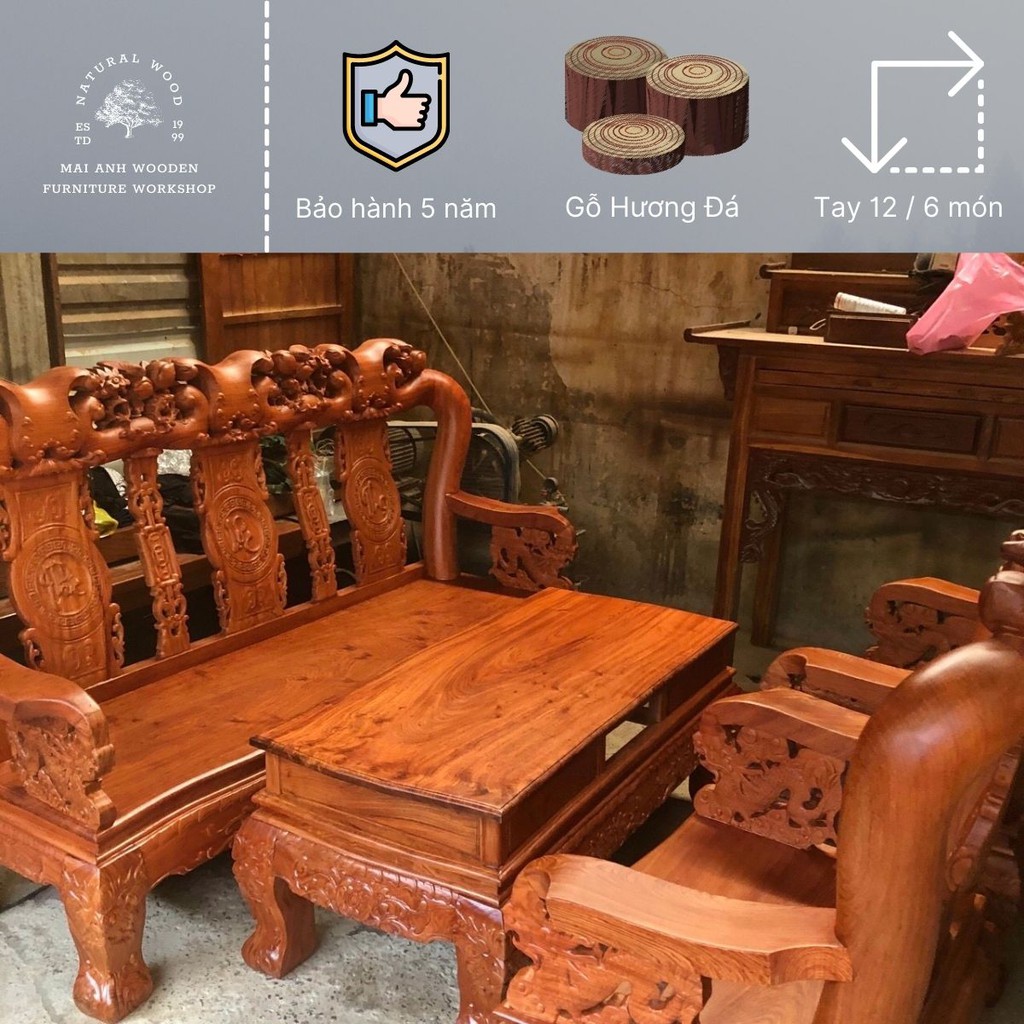 Bộ bàn ghế salon gỗ Phúc Lộc Thọ - Gỗ Hương Đá ( Tay 12 / 6 món )