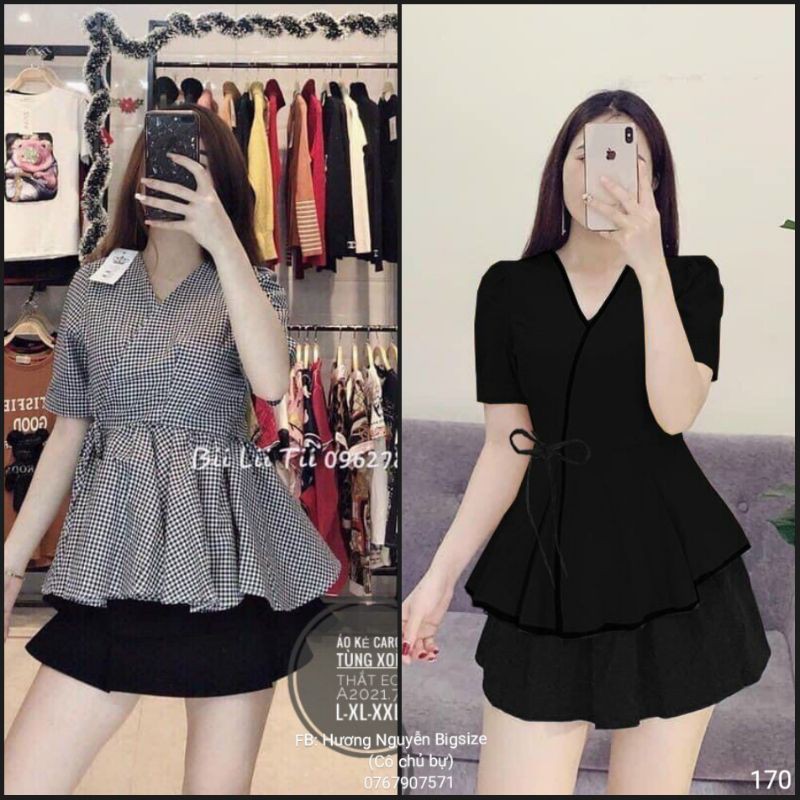 55-90kg Bigsize ÁO KẺ CARO TÙNG XÒE PEPLUM A2021.7