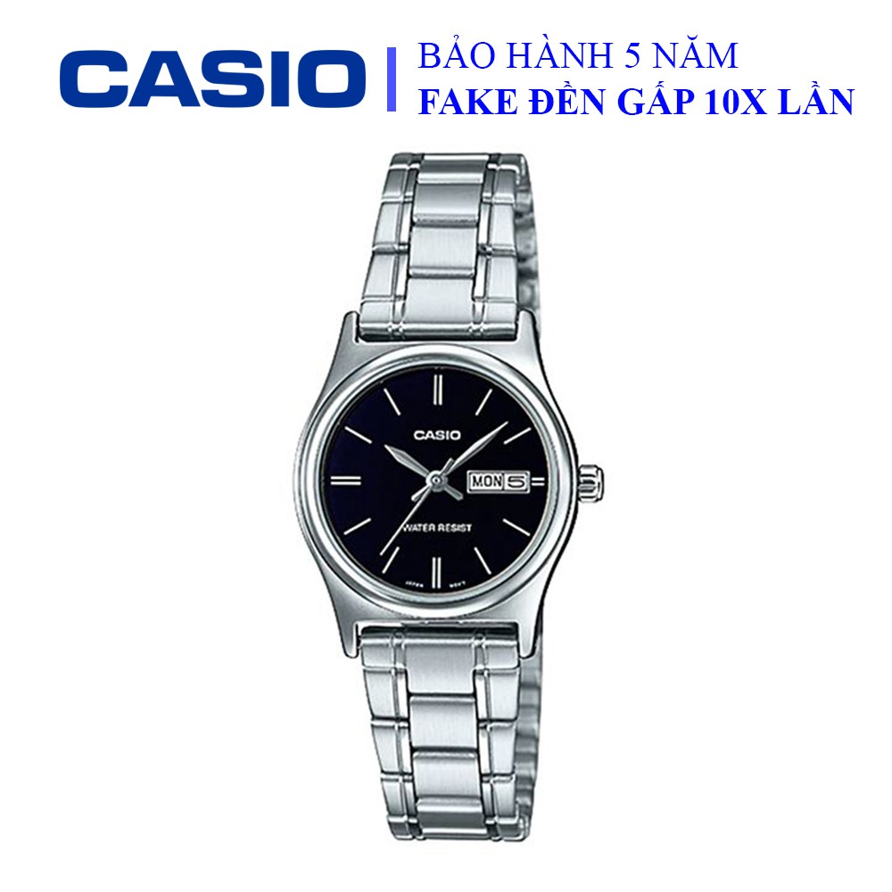 Đồng hồ Casio nữ dây sắt thể thao, mặt đen viền bạc sang trọng, chống nước WR30M (LTP-V006D-1B2UDF)