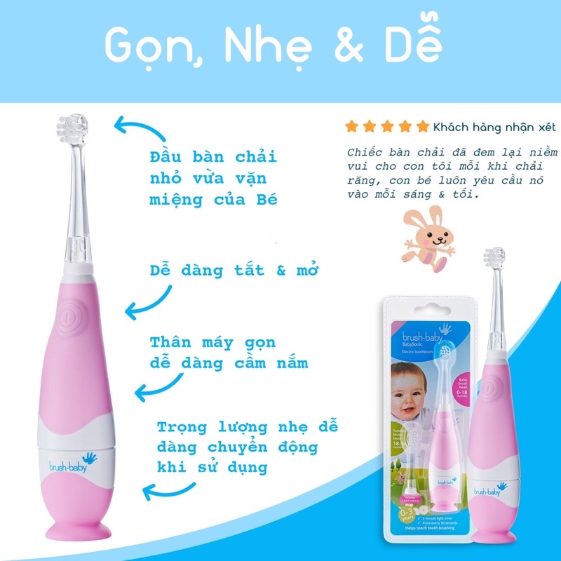 [CHÍNH HÃNG UK] Bàn chải điện cho bé  0-3 tuổi  Brushbaby Babysonic gồm 2 đầu bàn chải