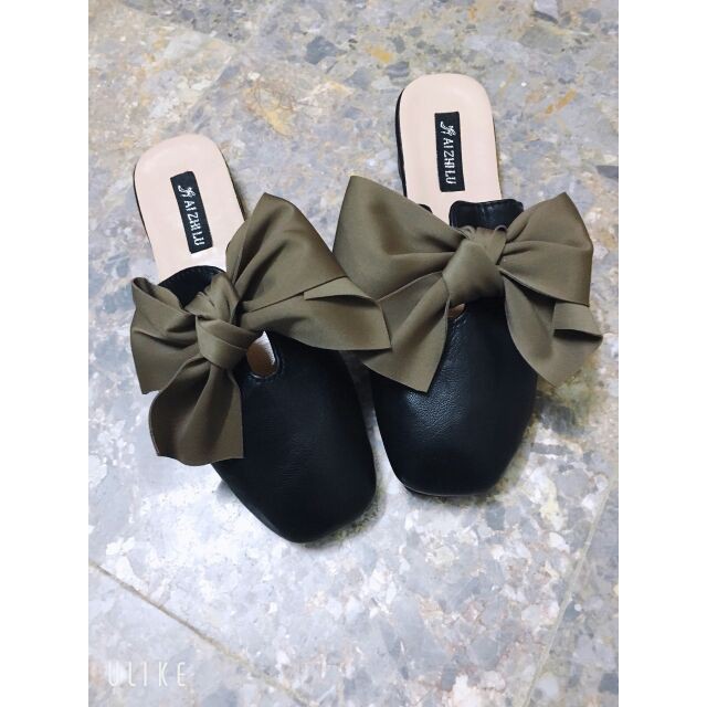 Giày nữ hở gót I Sục da lì mũi vuông nơ to cực bền đẹp Hàng Quảng Châu loại 1 xịn xò | BigBuy360 - bigbuy360.vn