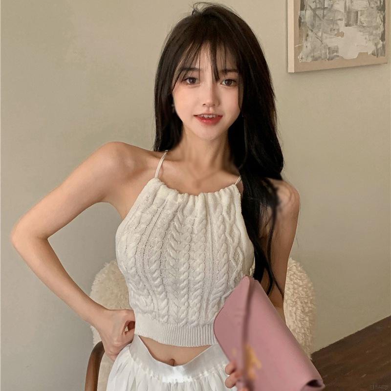 Áo Cổ Yếm Đan Lụa Hở Lưng Màu Trơn Phong Cách Hàn Quốc Thời Trang Mùa Hè Quyến Rũ Dành Cho Nữ