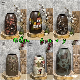 Bình hoa gốm dáng chuông men mộc vẽ tay- Gốm sứ Bát Tràng.