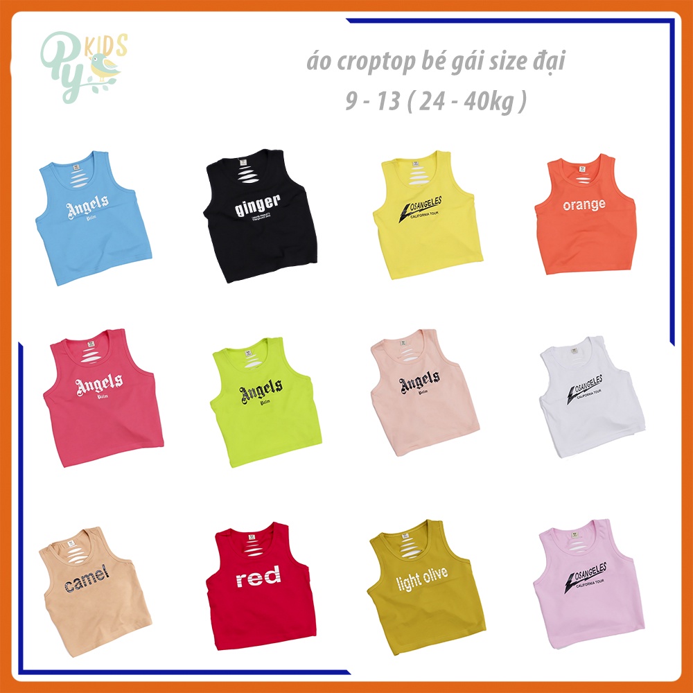 Áo croptop/ áo sát nách hở rốn bé gái size đại từ 24 - 45 kg, in chữ hở lưng mẫu mới 2021