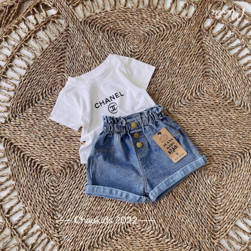 Bộ Áo Thun Quần Bò Cạp Cao 3 Cúc Cá Tính Cho Bé Gái chất áo chất cotton DOBO001