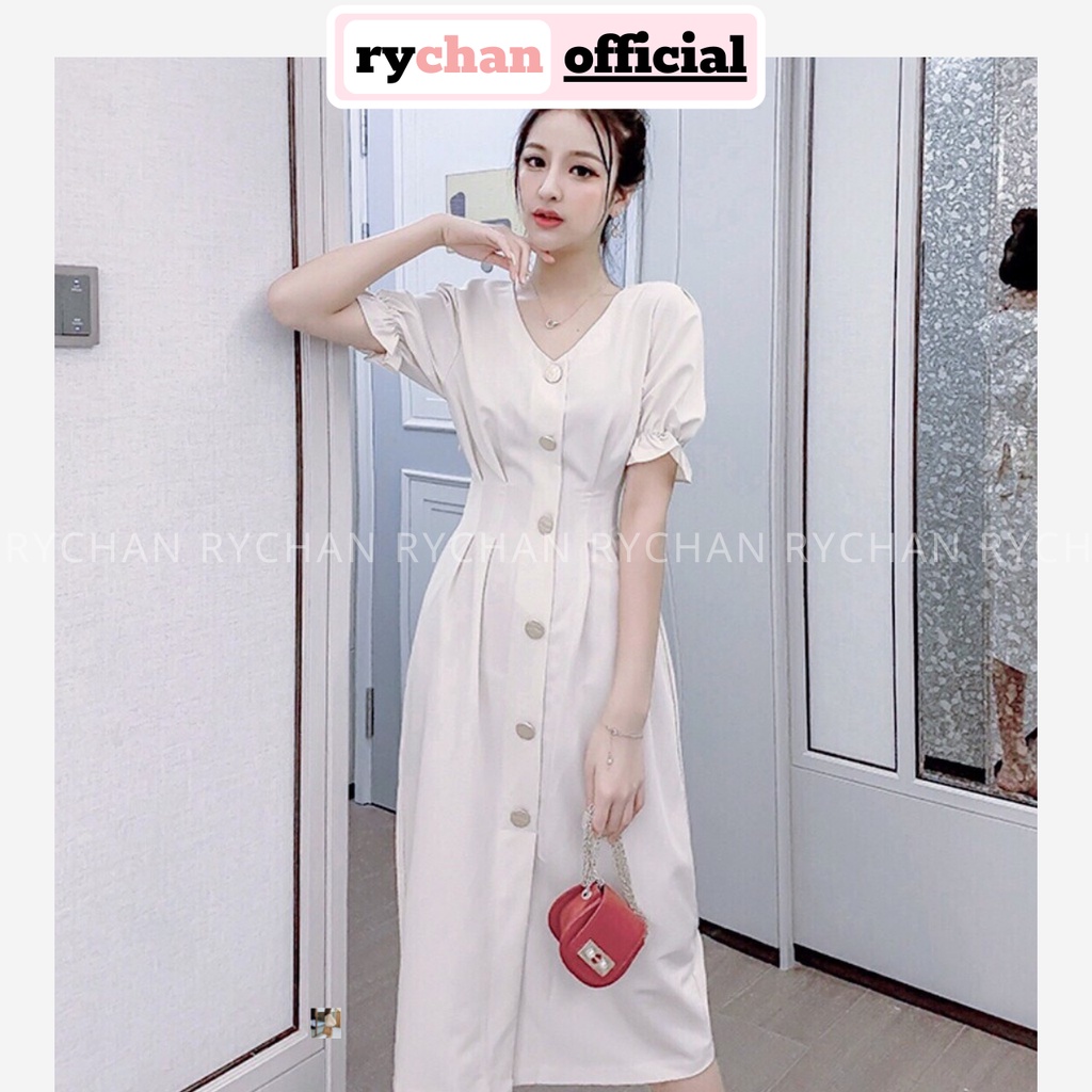 [ẢNH THẬT CUỐI] DX176 - Đầm Xòe Trắng Đính Cúc Nhún Eo