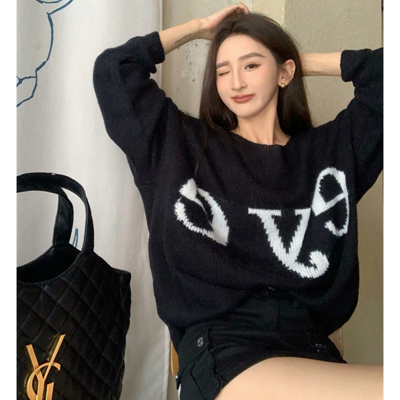 Áo Sweater Dệt Kim Tay Dài Dáng Rộng In Chữ Thời Trang