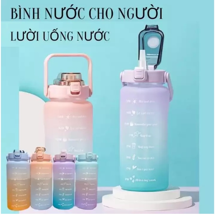 Bình nước 2 lít bình đựng nước 2L cute chia vạch nhắc nhở có vòi tập gym thể thao thể dục