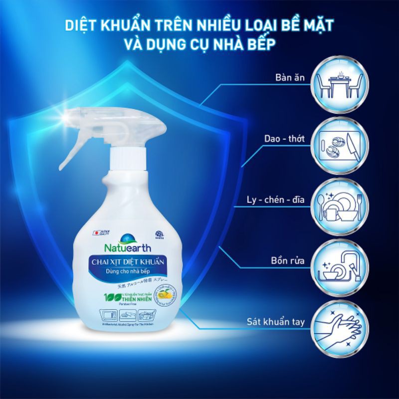 Chai xịt diệt khuẩn nhà bếp Natuearth kháng khuẩn chai 750ml/410ml/60ml