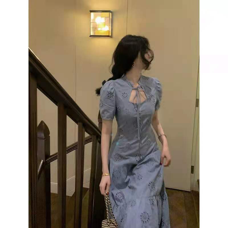 Đầm dài ngắn tay màu xanh dương thời trang thanh lịch dễ phối đồ cho nữ