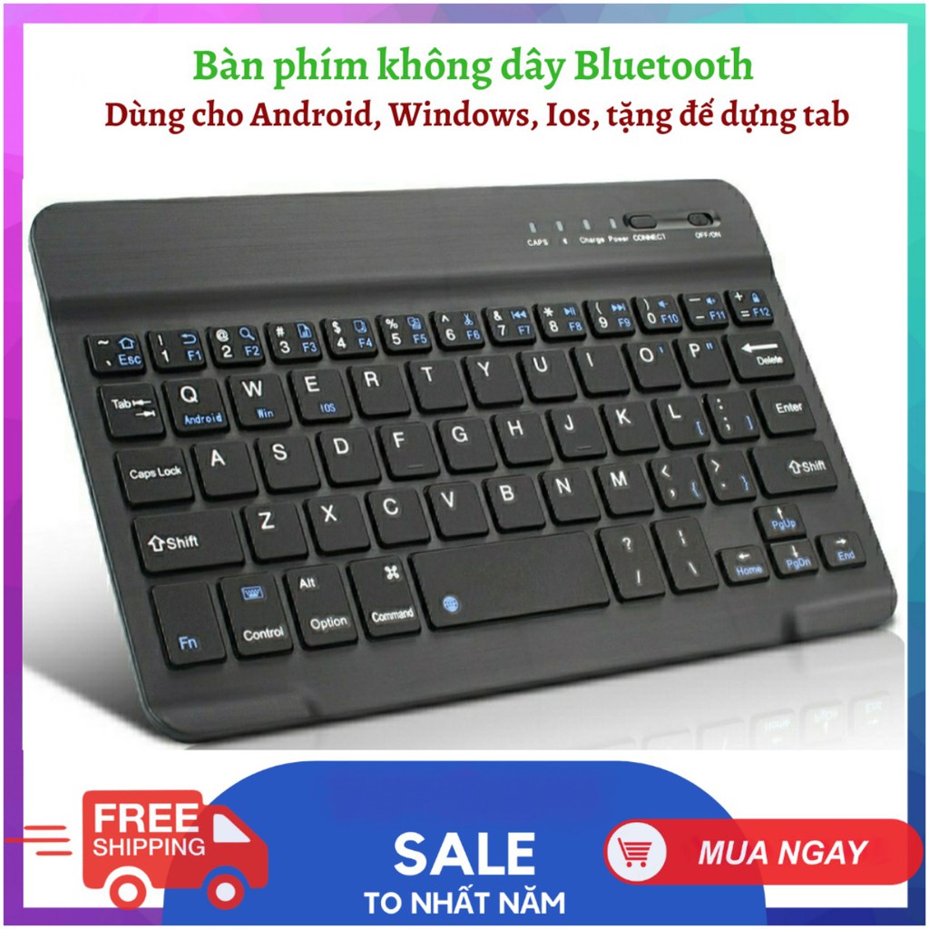 Bàn phím không dây Bluetooth mini dùng được cho IOS Android Windows tặng đế dựng tablet, điện thoại