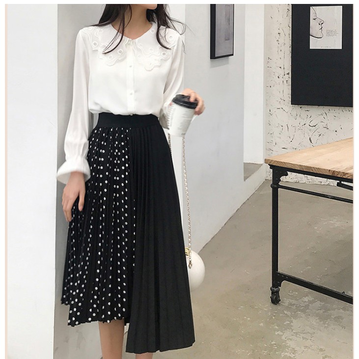 Plus Chân Váy Chiffon Chữ A Dáng Rộng Lưng Thun Co Giãn Họa Tiết Chấm Bi Trắng Đen Thời Trang Mùa Hè Cho Nữ