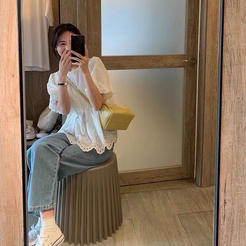 Áo Sơ Mi Trắng Tay Ngắn Phồng Thêu Họa Tiết Phong Cách Pháp Mẫu Mới Mùa Hè 2022 Thời Trang Cho Nữ