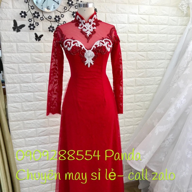 Áo dài cưới đỏ ren hoa văn kết phale trắng nổi
