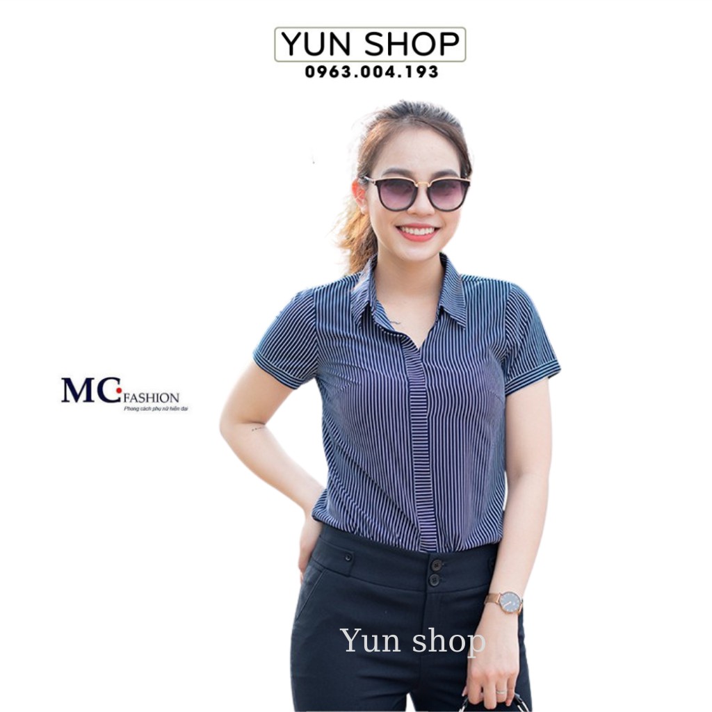 Áo Sơ Mi Nữ - Áo Sơ Mi Công Sở Họa Tiết Kẻ Sọc Cộc Ngắn Tay MC Fashion A631 Màu Tím Than