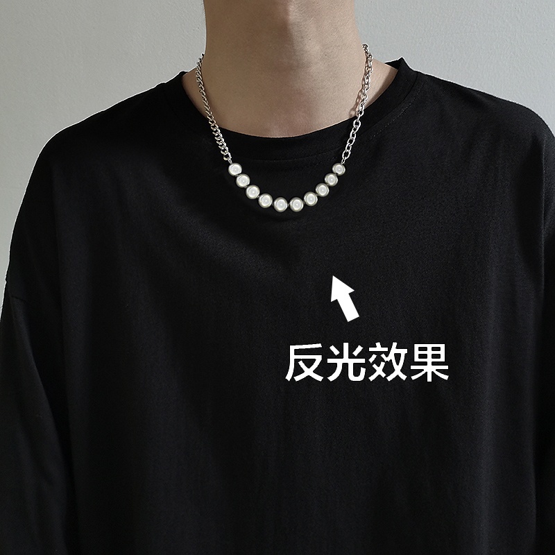 Dây chuyền đính ngọc trai giả phản quang phong cách hip hop cá tính thời trang