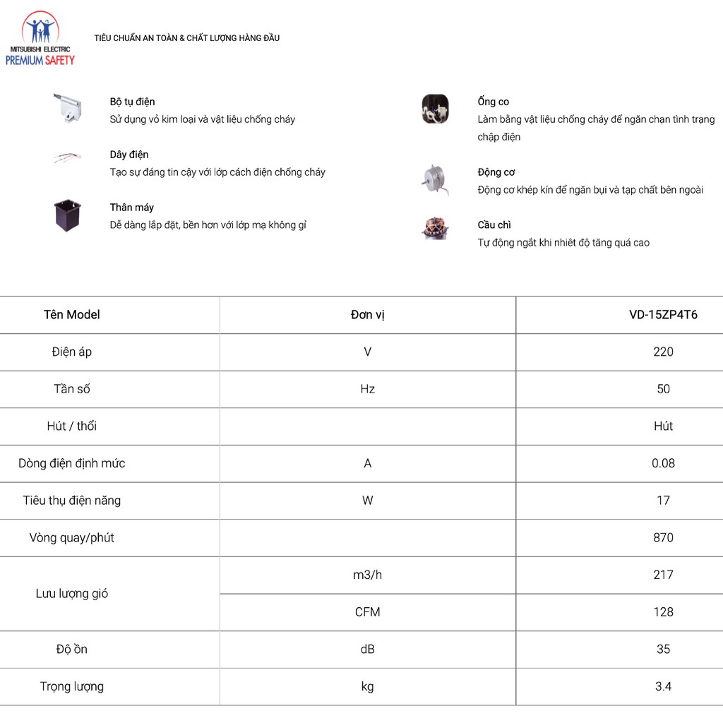 Quạt hút âm trần nối ống gió Mitsubishi VD-15ZP4T6 17W Made in ThaiLand