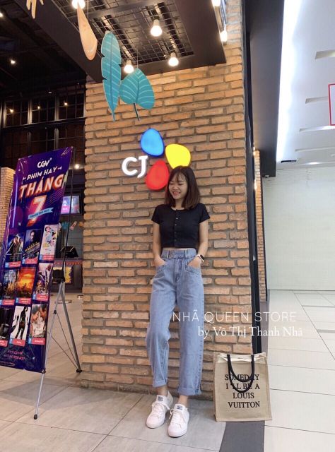 Quần baggy jeans cạp cao hai nút đôi túi mổ kèm ảnh thật | BigBuy360 - bigbuy360.vn