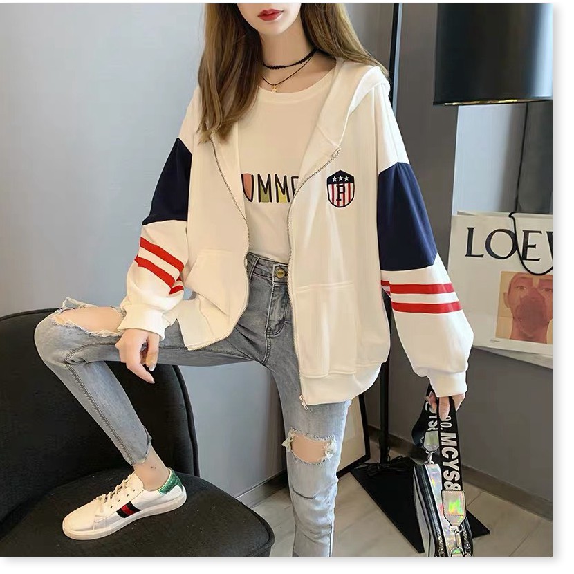 ÁO HOODIE NỮ THỜI TRANG PHỐI VIỀN SỌC THÊU HUY HIỆU