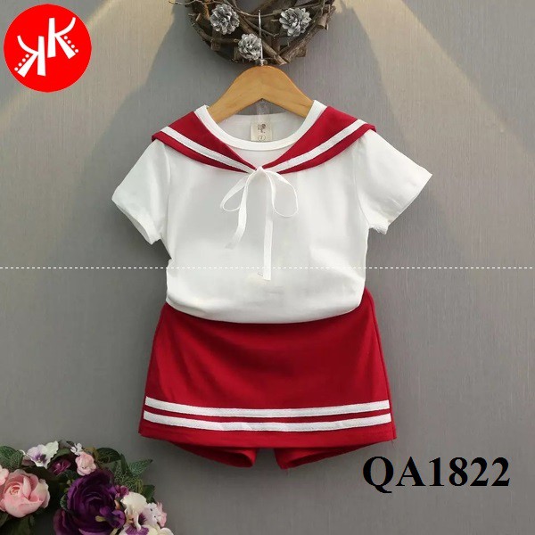 shop online Bộ váy giả quần kèm áo thuỷ thủ màu đỏ cotton cho bé gái