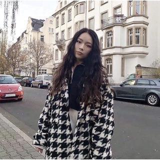 Áo khoác sơmi hoạ tiết houndstooth răng cưa - Áo khoác dạ oversize