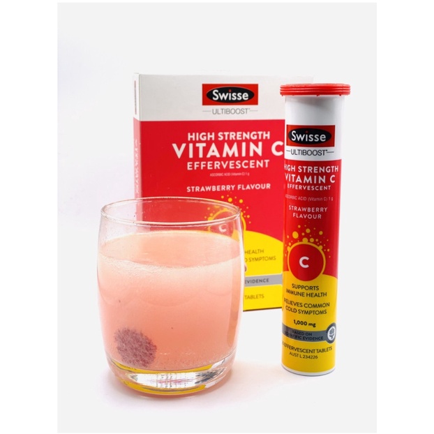 Viên sủi hương dâu Swisse High Strength Vitamin C Effervescent 1000mg hộp 60 viên bổ sung vitamin C tăng đề kháng