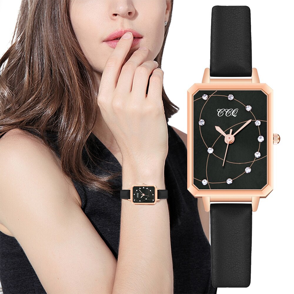 Đồng hồ đeo tay mặt hình chữ nhật dây da sang trọng dành cho nữ