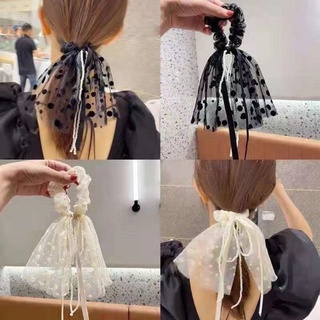 Cột tóc tiểu thư nơ lưới chấm bi hạt trân châu nhỏ xinh xắn - C6