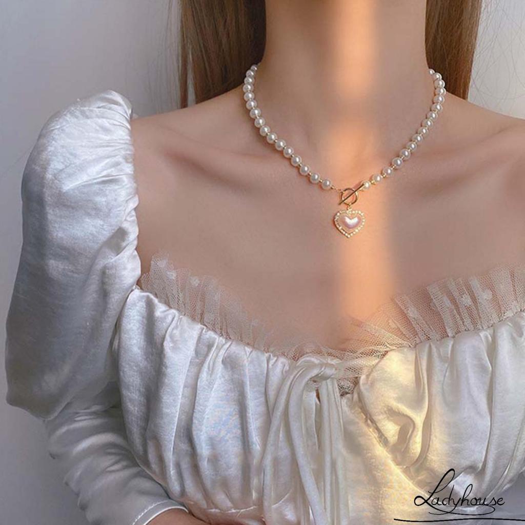 Vòng cổ Mặt Trái Tim Đính Ngọc Trai Nhân Tạo Thời Trang Dành Cho Nữ