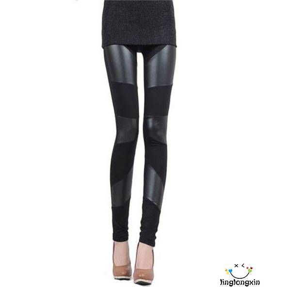 Quần Leggings phối da bóng độc đáo thời trang