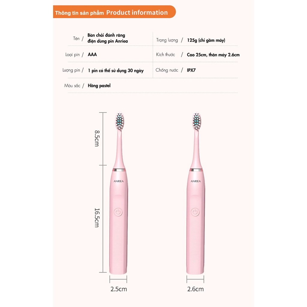 Bàn chải đánh răng điện dùng pin electric toothbrush bàn chải pin anriea - ảnh sản phẩm 4