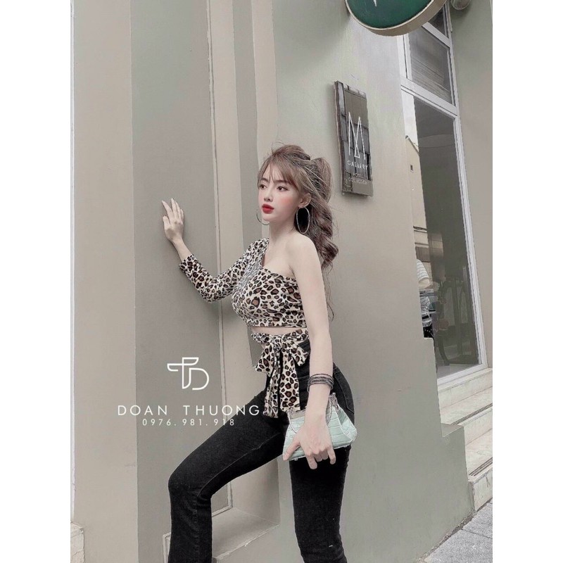 [ Mã WASTAPR giảm 10K đơn 50K] Áo croptop tay dài lệch vai phối beo ( nhung mịn ) | BigBuy360 - bigbuy360.vn