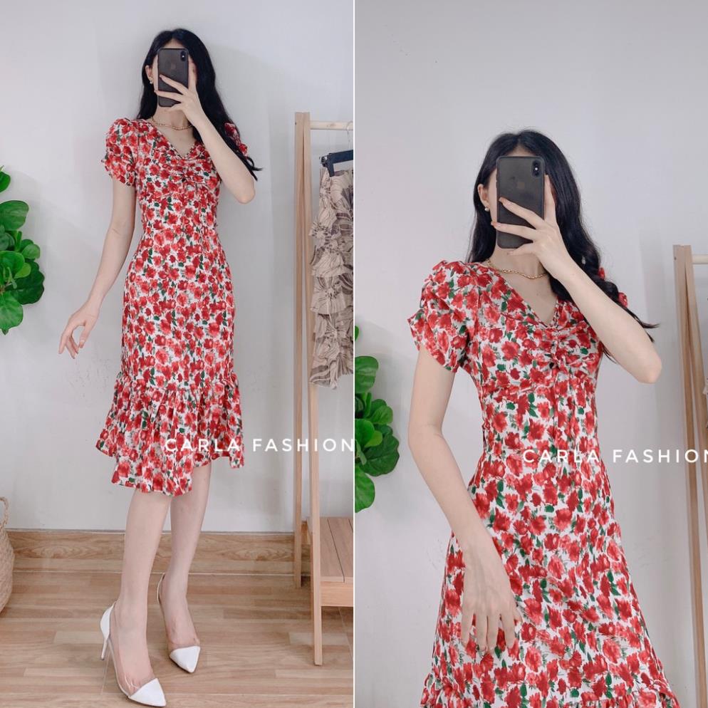 Váy hoa nhí đuôi cá dài qua gối vitage buộc dây CARLA_V12a