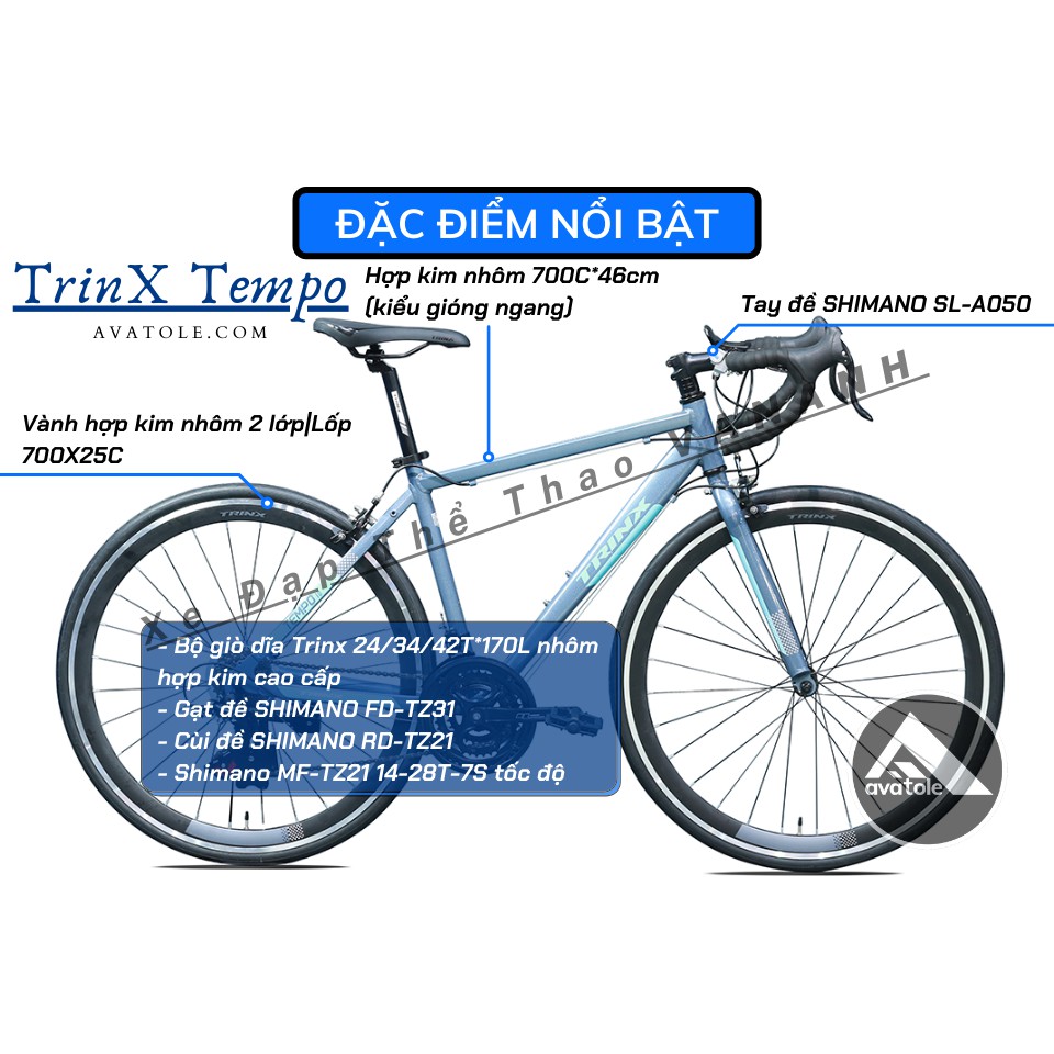 Xe đạp đua TrinX Tempo 1.0, Khung sườn hợp kim nhôm cao cấp, Bộ truyền động Shimano Tourney TZ, Màu Trắng Đen