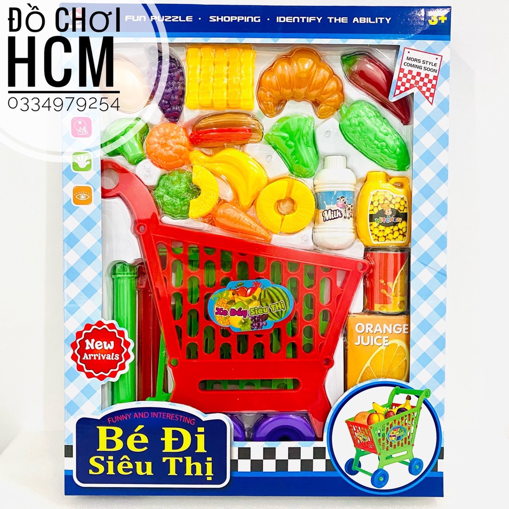 [QUÀ TẶNG ĐẸP] Đồ chơi hộp xe đẩy siêu thị tự lắp ráp gồm nhiều trái cây hoa quả dành cho bé thích nấu ăn nhà bếp 0264H