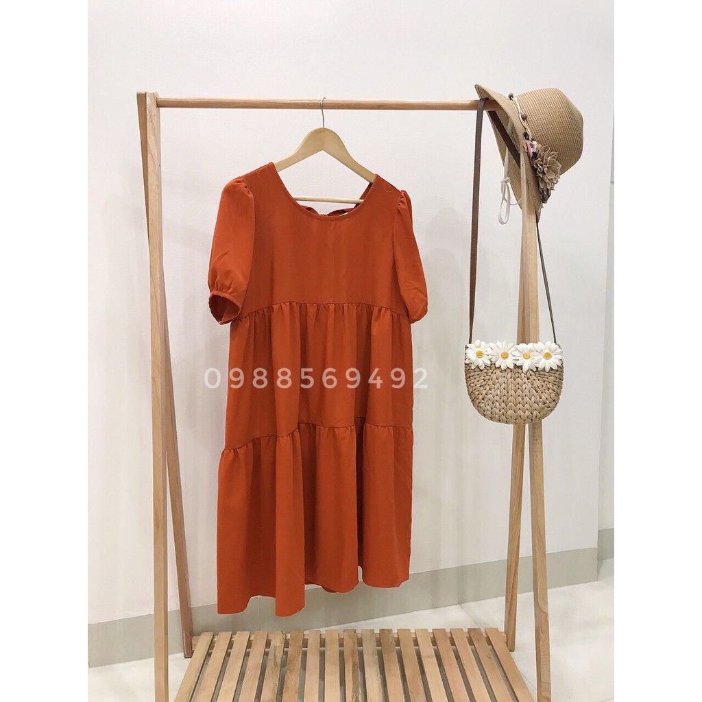 Váy bầu bigsize - Đầm bầu thiết kế GuMe màu CAM ĐẤT CỔ TIM BUỘC NƠ SAU chất vải sạn lụa size từ 40-100kg MB219