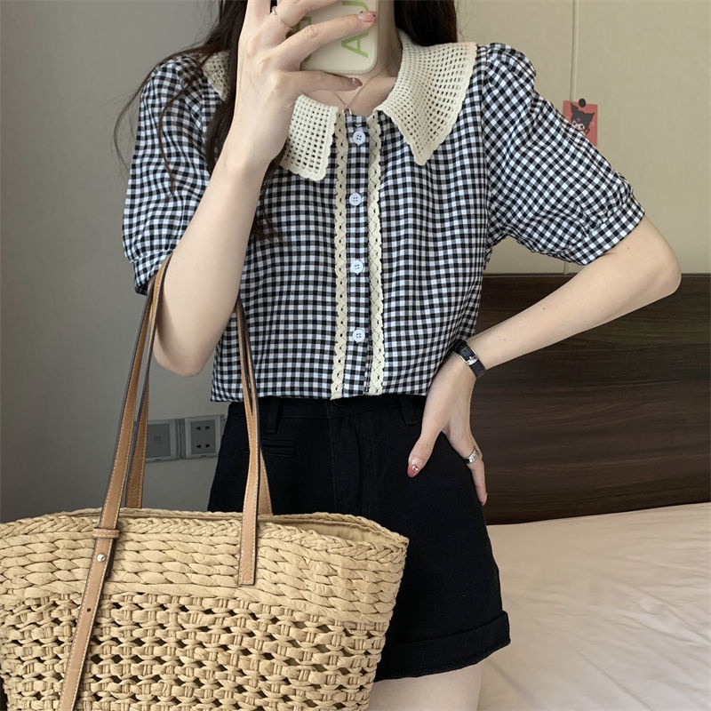 Áo Sơ Mi Tay Ngắn Dáng Rộng Cổ Búp Bê Kẻ Sọc Ca Rô Thiết Kế Mới Thời Trang Mùa Hè Cho Nữ