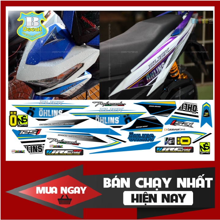 ( Quí khách vui lòng mang ra tiệm cho thợ dán ) Tem Click 125i Ohlins trắng xanh