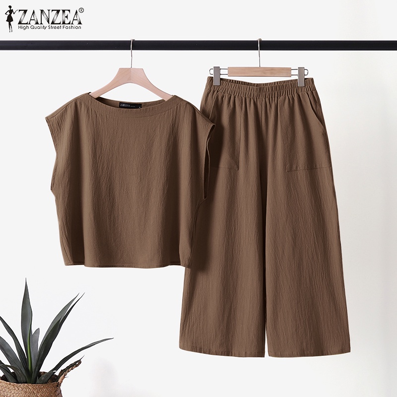 Set ZANZEA áo thun ngắn tay cổ tròn và quần dài ống rộng thời trang cho nữ