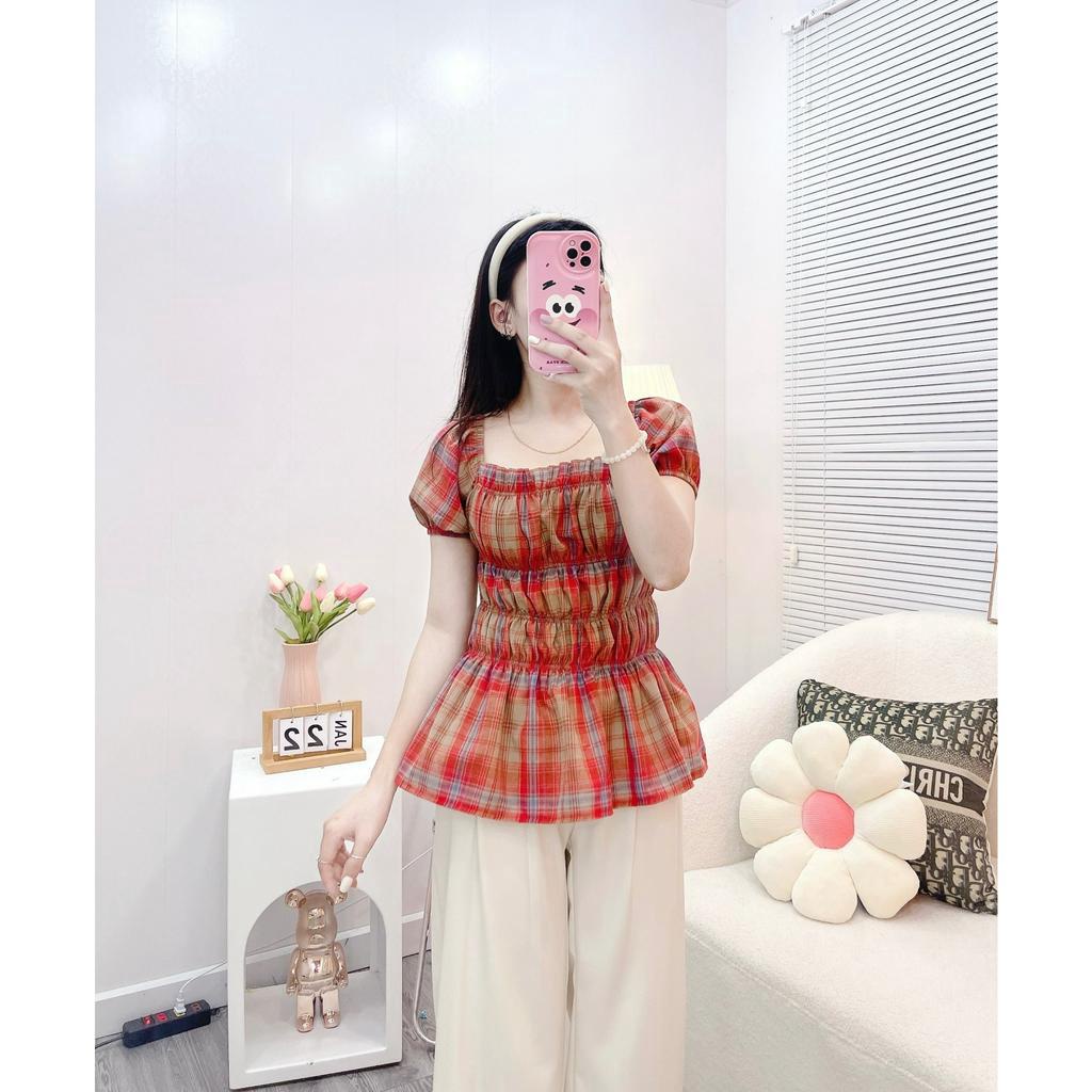 Bộ Đồ Nữ Áo Kiểu Nữ Kẻ Caro 2 Dây Buộc Nơ Vai Mix Quần Suông Ống Rộng Ly Cạp Freesize