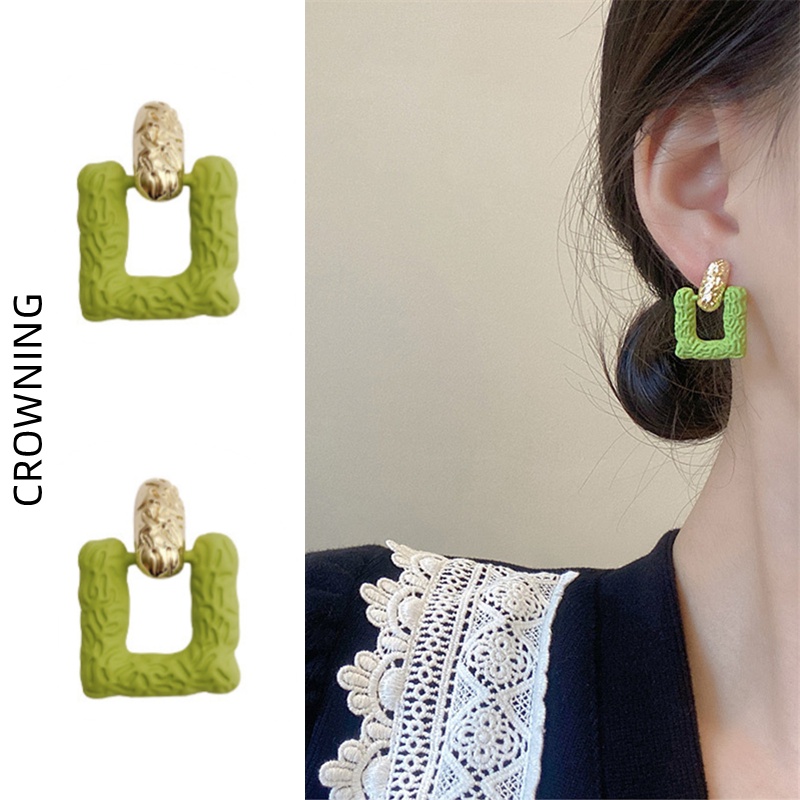 Bông Tai Hình Học Dạng Xếp Màu Xanh Lá Bạc 925 Phong Cách Mori Thời Trang Cho Nữ F885