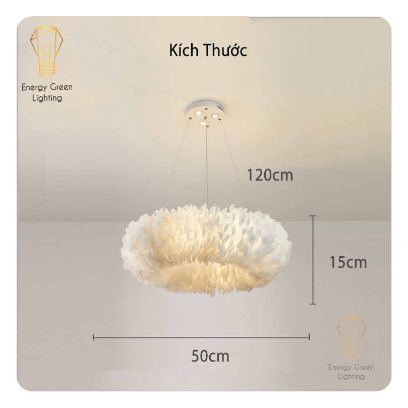 Đèn Chùm Lông Vũ Vòng Tròn Energy Green Lighting 50cm Phong Cách Bắc Âu Decor  - 3 Chế Độ Ánh Sáng - Bảo hành 12 tháng
