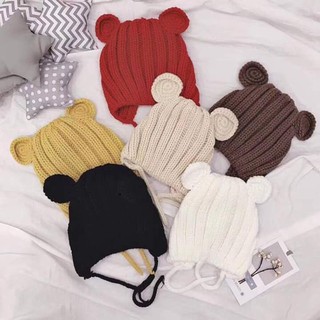 Mũ Len Tai Gấu Cho Bé Trai Bé Gái Có Dây Buộc