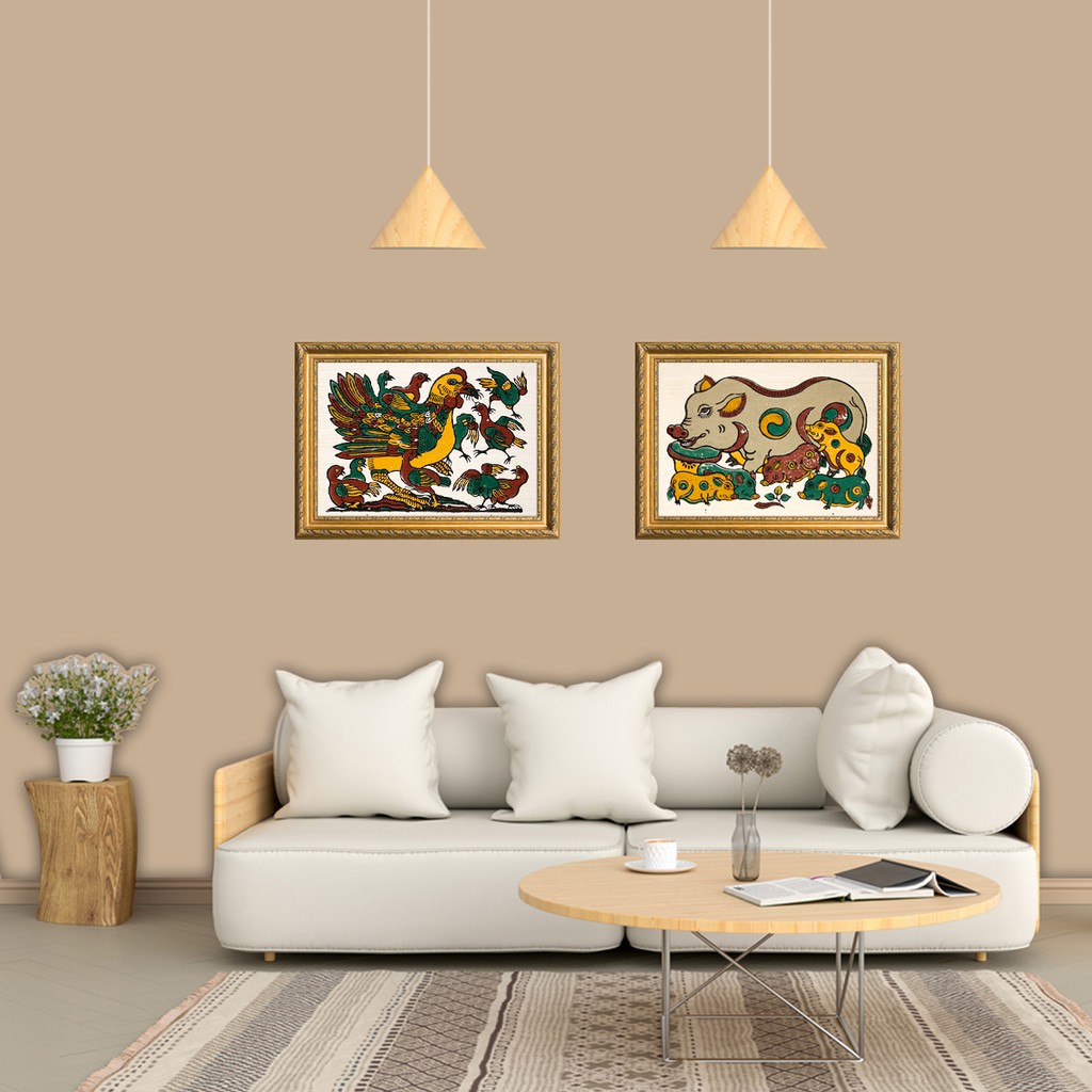 Tranh Đông Hồ, Bức Đàn lợn, lợn đàn  trang trí nhà cửa hàng, quán cà phê cafe, phòng khách, trang trí