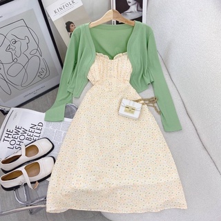 Set đầm 2s hoa viền bèo kèm khoác crop ✨