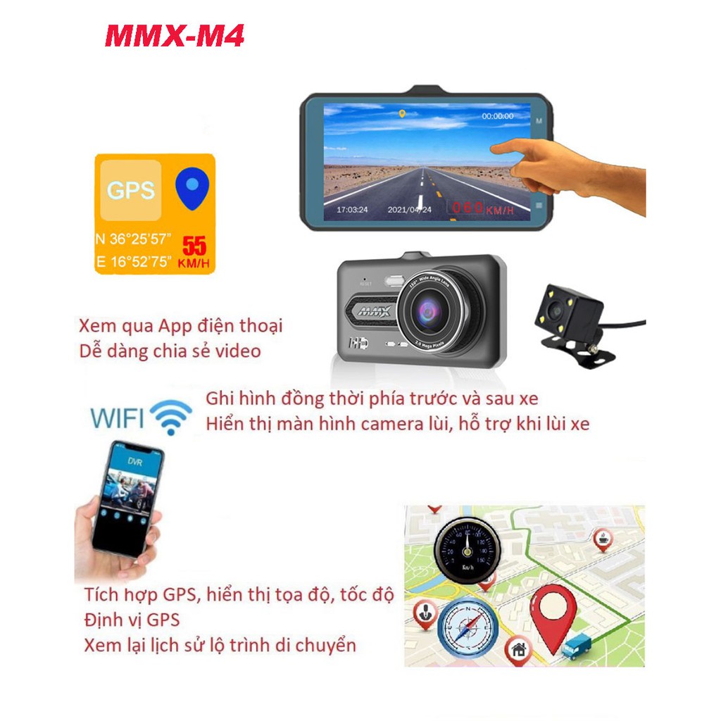 Camera hành trình xe ô tô MMX - M4 màn hình cảm ứng 4", full HD 1080p, wifi, gps, Cam hành trình Bảo Hành 12 Tháng | BigBuy360 - bigbuy360.vn