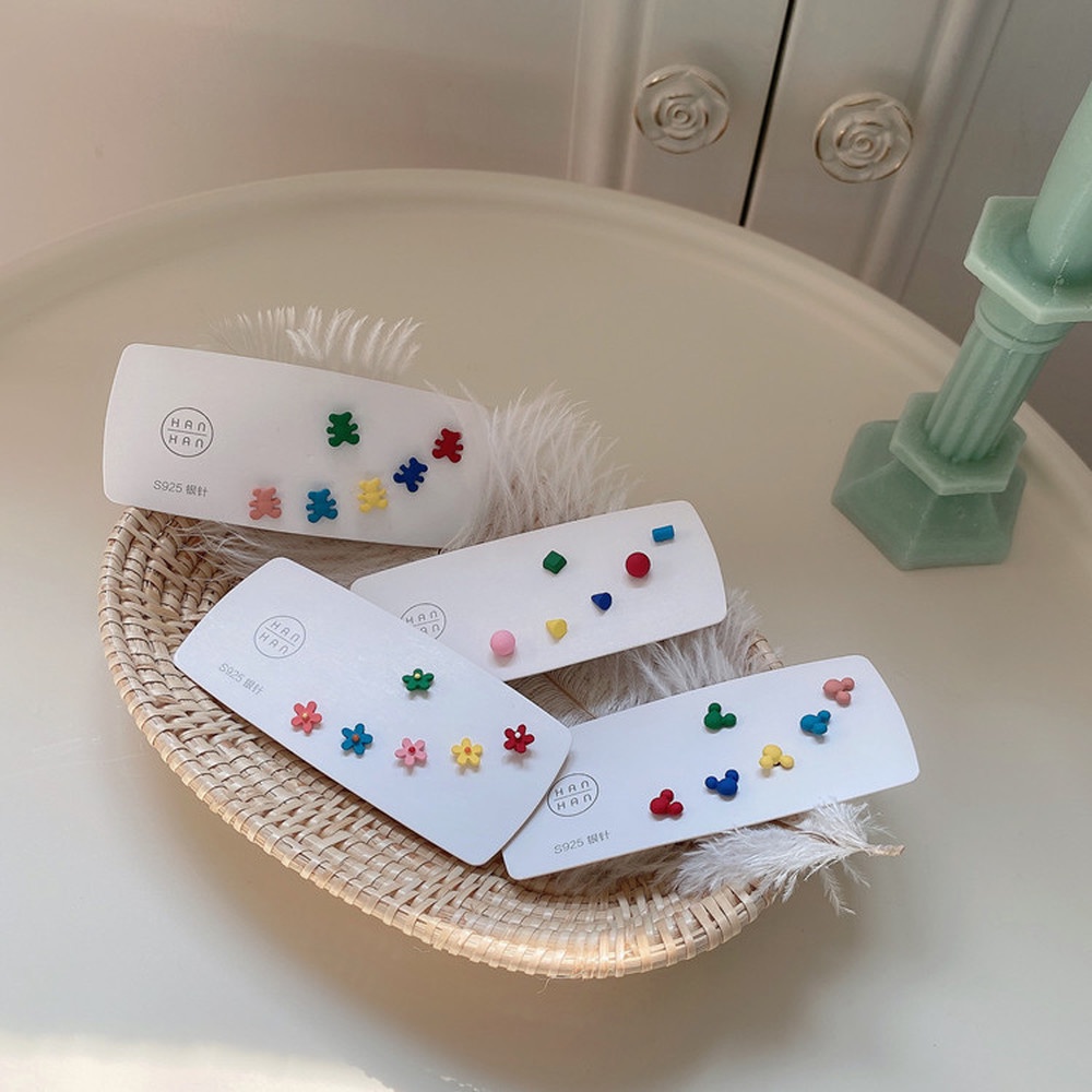 Bộ 3 Đôi Bông Tai Mạ Bạc 925 Hình Hoa Cúc / Hình Vuông Phong Cách Hàn Quốc Thời Trang Cho Nữ