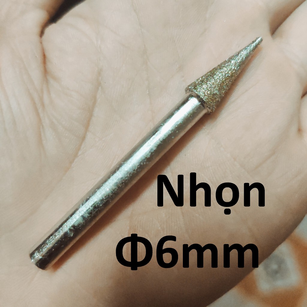 Mũi mài kim cương, mũi mài khắc đá, ngọc, hình nhọn 6-8-10-12mm, cán 6mm