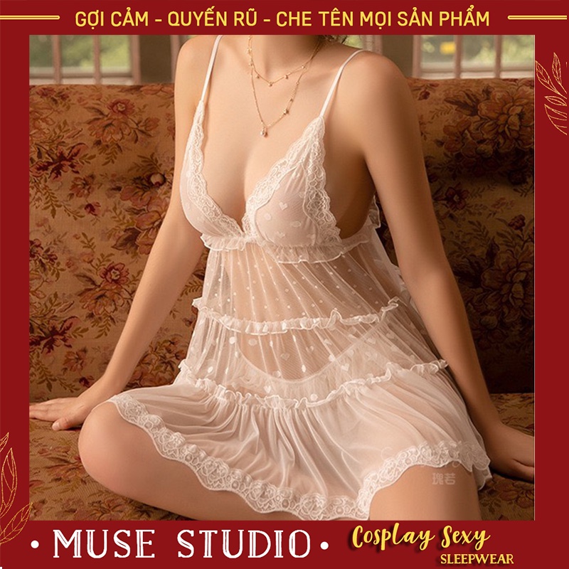 Váy ngủ sexy, đầm ngủ gợi cảm vải voan mềm mại, quần chip buộc nơ lụa quyến rũ