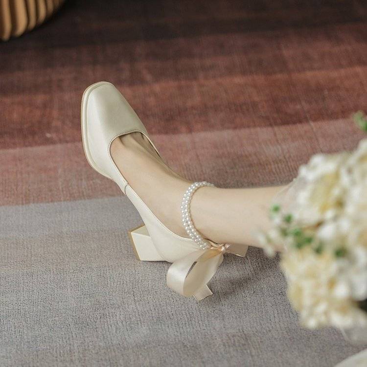 Giày Cao Gót Mũi Vuông Gót Dày Đính Nơ Thời Trang Pháp Cho Nữ
